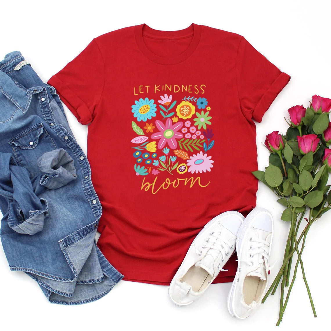 Let Kindness Bloom T-Shirt Be Cool Be Kind Retro Flower Shirt Inspiration Women Graphic T Shirts Short Sleeve Women Clothing