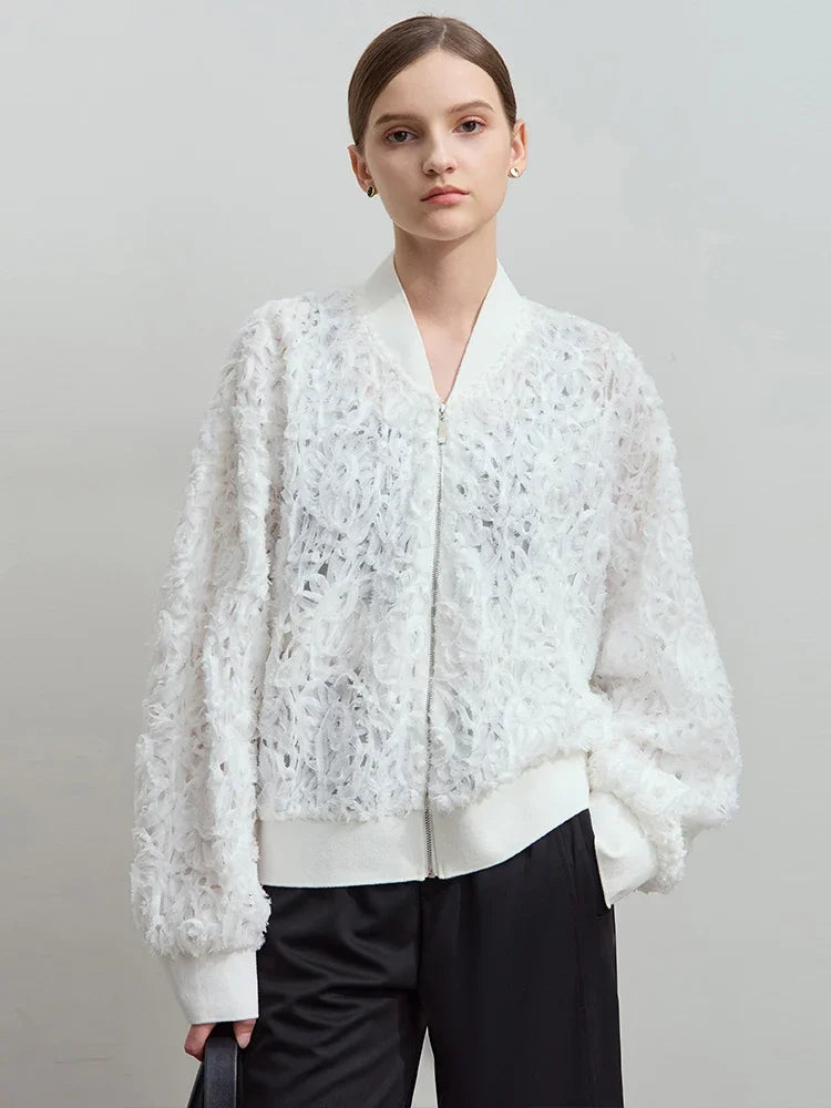 AMII Minimalist Zipper Jacket Women 2025 Spring New V Neck Stereoscopic Hollow Flowers Drop Sleeve Loose Casual Tops 12541004
