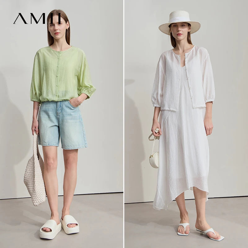 AMII Office Lady Summer New Shirts Women 2025 New Three-quarter Sleeves Round Neck Loose Blouses Female Versatile Tops 12542090