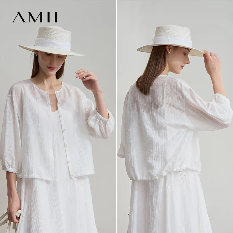 AMII Office Lady Summer New Shirts Women 2025 New Three-quarter Sleeves Round Neck Loose Blouses Female Versatile Tops 12542090