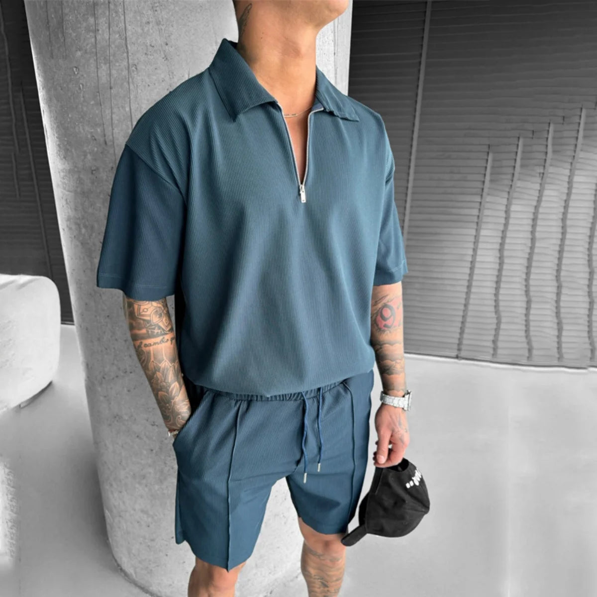 2025 summer men's new zipper polo casual short-sleeved drawstring shorts men's suit men's solid color casual sports fashion suit