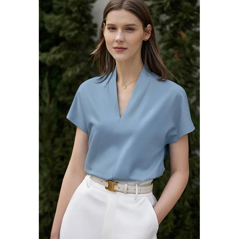AMII Minimalism 2025 Summer Women's T-shirt Classic Style Casual V-neck Short Sleeve Solid Stretch Female Tops & Tees 12312013