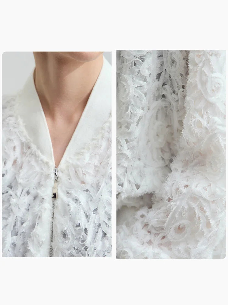 AMII Minimalist Zipper Jacket Women 2025 Spring New V Neck Stereoscopic Hollow Flowers Drop Sleeve Loose Casual Tops 12541004