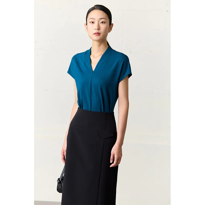 AMII Minimalism 2025 Summer Women's T-shirt Classic Style Casual V-neck Short Sleeve Solid Stretch Female Tops & Tees 12312013