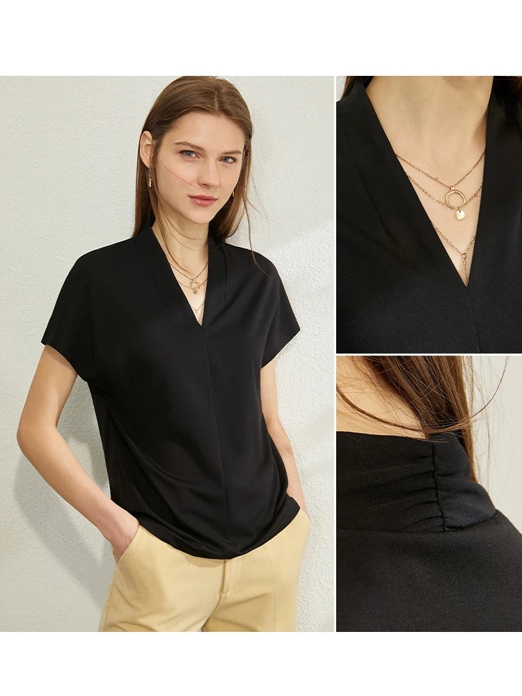 AMII Minimalism 2025 Summer Women's T-shirt Classic Style Casual V-neck Short Sleeve Solid Stretch Female Tops & Tees 12312013