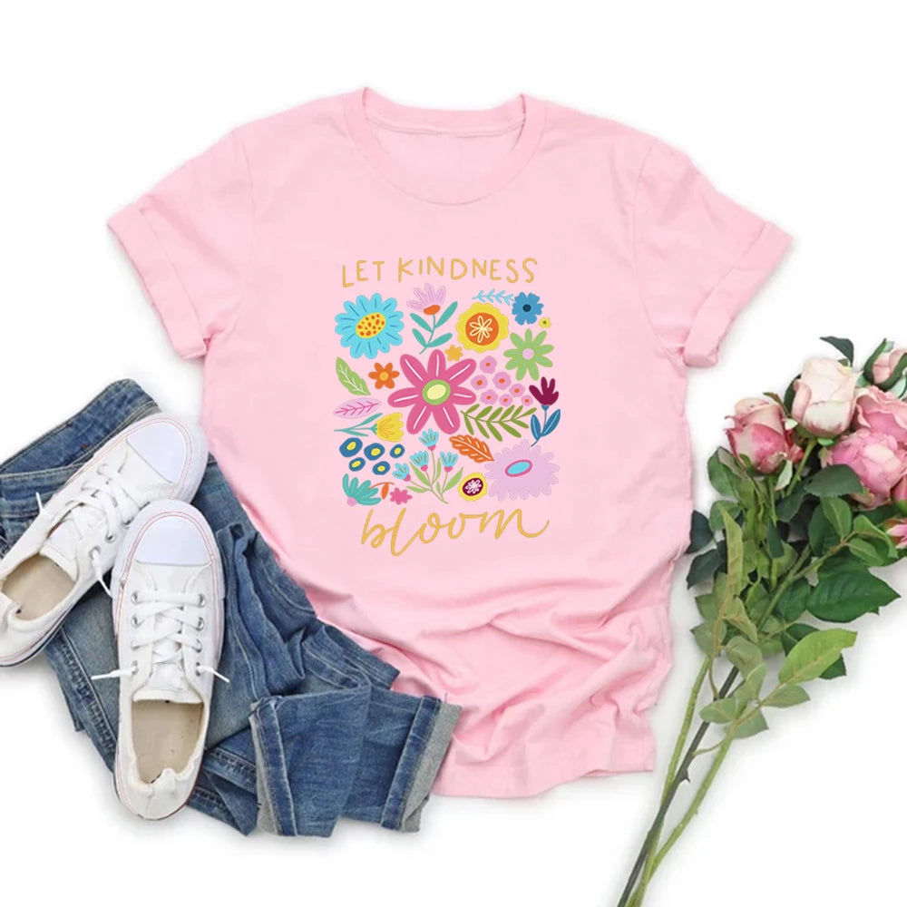 Let Kindness Bloom T-Shirt Be Cool Be Kind Retro Flower Shirt Inspiration Women Graphic T Shirts Short Sleeve Women Clothing