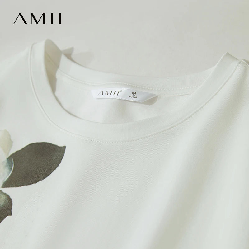 AMII Casual Print Summer T-shirts Women 2025 Short Sleeve Round Neck Flower Straight Shirt Woman Fashion Stretch Tops 12522100