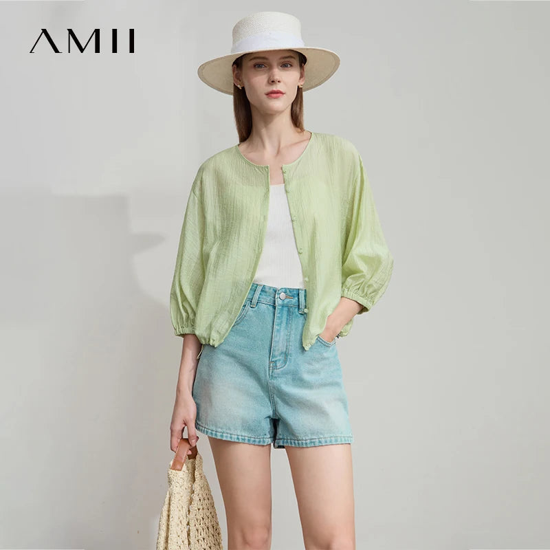 AMII Office Lady Summer New Shirts Women 2025 New Three-quarter Sleeves Round Neck Loose Blouses Female Versatile Tops 12542090