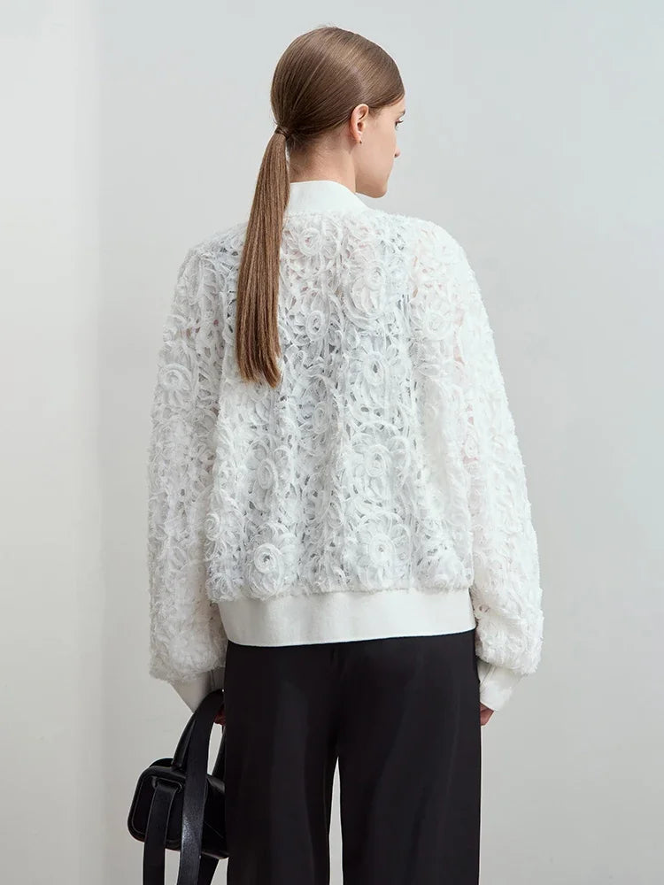 AMII Minimalist Zipper Jacket Women 2025 Spring New V Neck Stereoscopic Hollow Flowers Drop Sleeve Loose Casual Tops 12541004