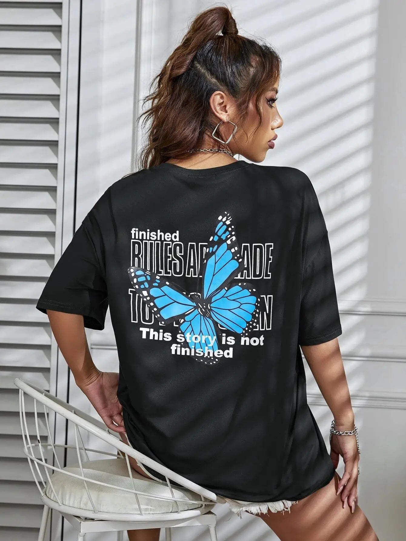Art Word and Blue Butterfly Printed Women T-Shirt Casual Cotton Short Sleeve Breathable Summer T Shirt Street  Clothing
