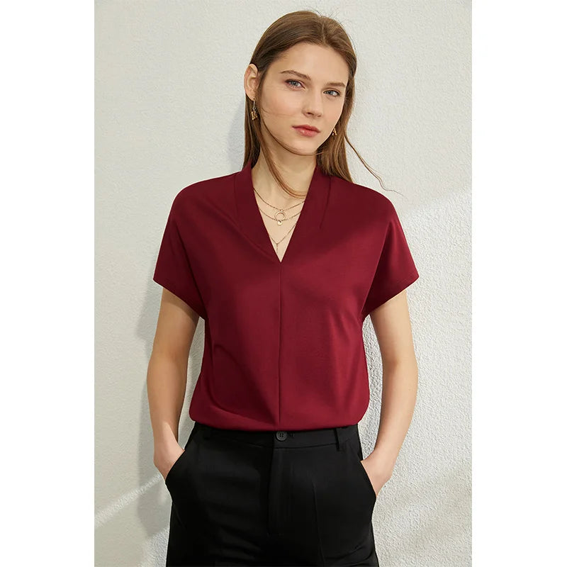AMII Minimalism 2025 Summer Women's T-shirt Classic Style Casual V-neck Short Sleeve Solid Stretch Female Tops & Tees 12312013