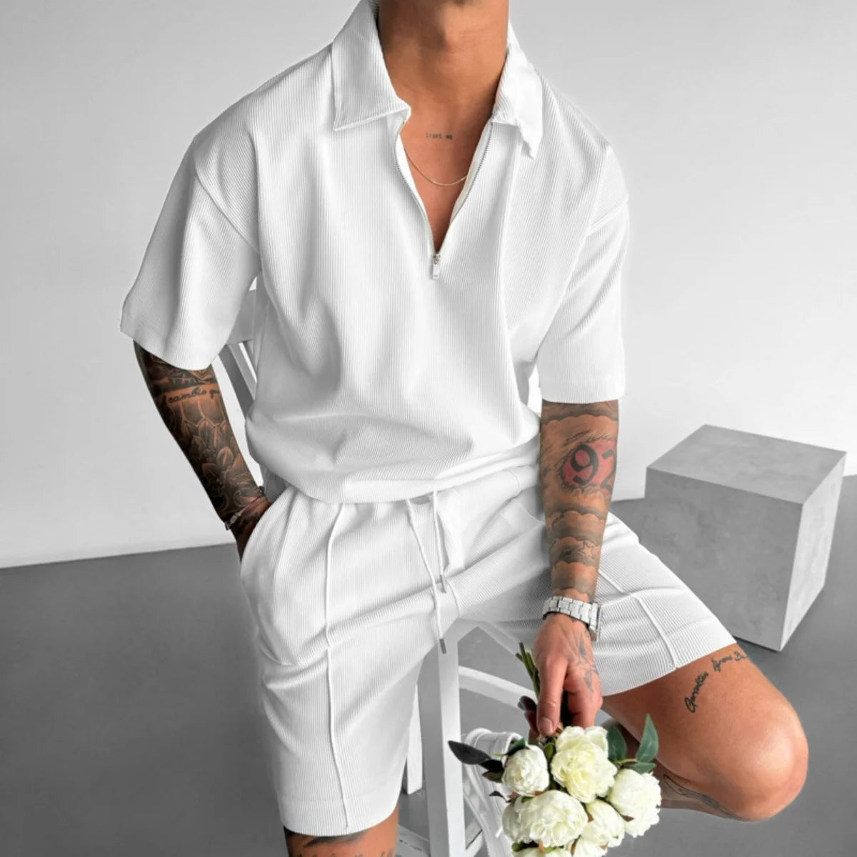 2025 summer men's new zipper polo casual short-sleeved drawstring shorts men's suit men's solid color casual sports fashion suit
