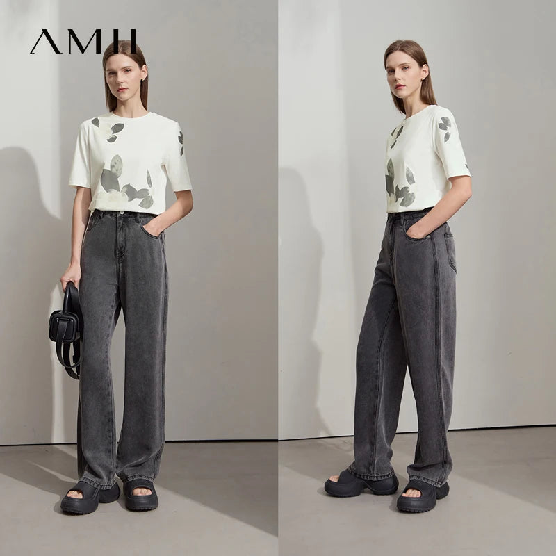 AMII Casual Print Summer T-shirts Women 2025 Short Sleeve Round Neck Flower Straight Shirt Woman Fashion Stretch Tops 12522100