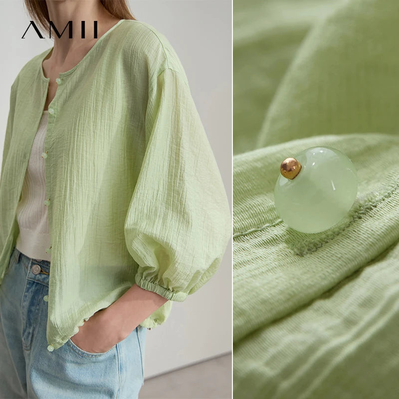 AMII Office Lady Summer New Shirts Women 2025 New Three-quarter Sleeves Round Neck Loose Blouses Female Versatile Tops 12542090