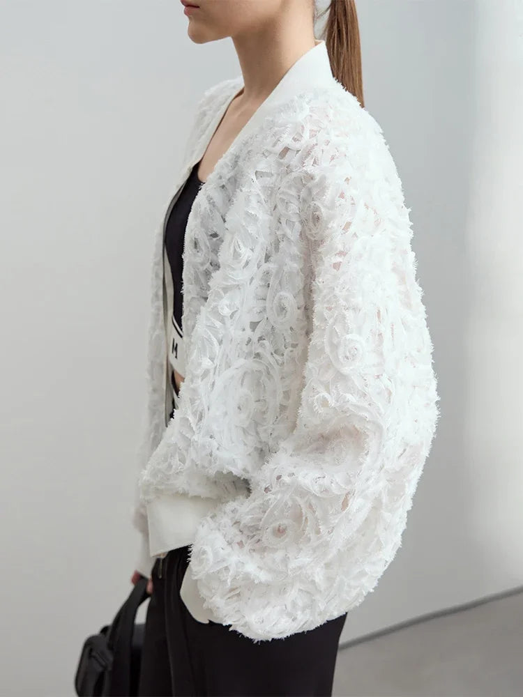 AMII Minimalist Zipper Jacket Women 2025 Spring New V Neck Stereoscopic Hollow Flowers Drop Sleeve Loose Casual Tops 12541004