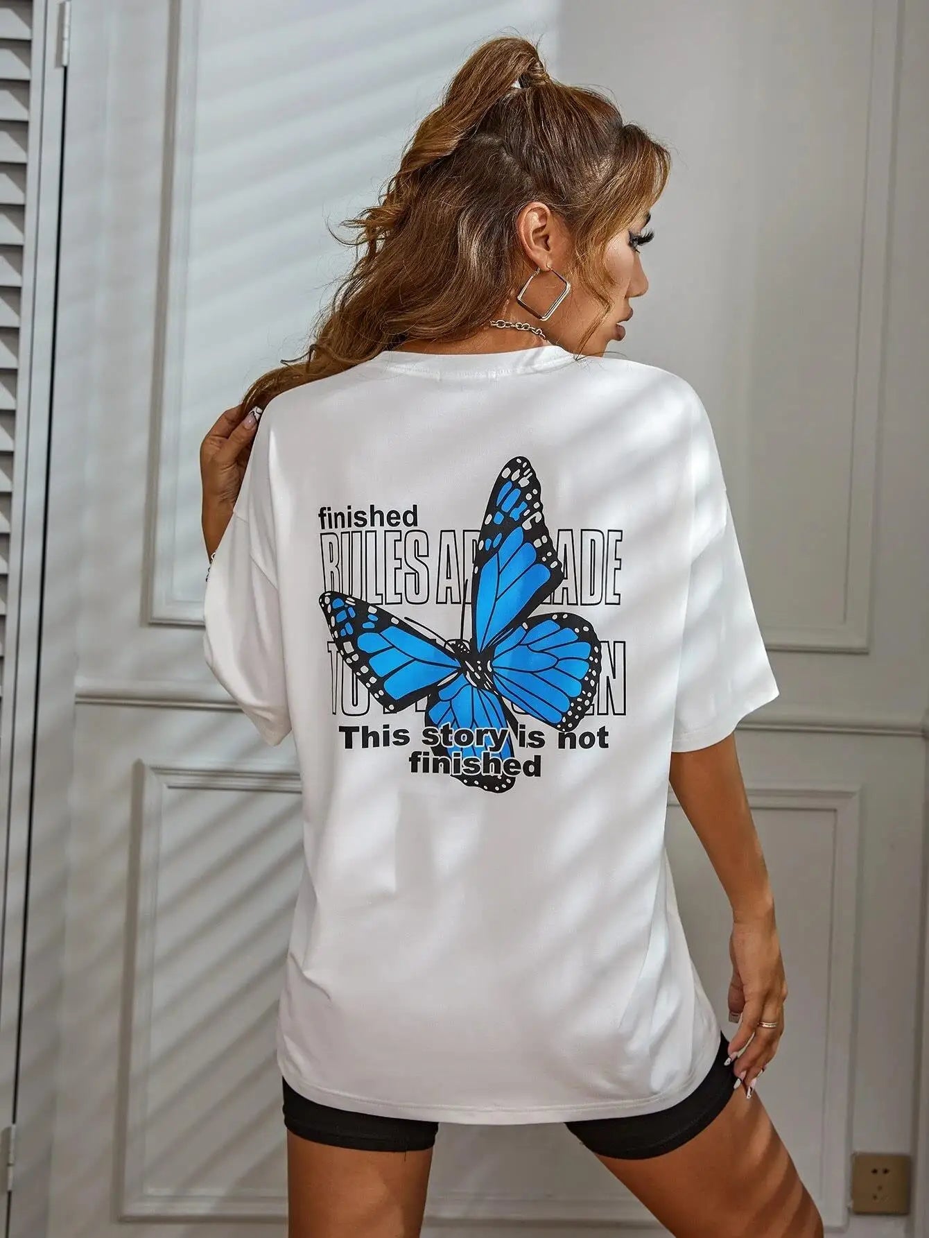 Art Word and Blue Butterfly Printed Women T-Shirt Casual Cotton Short Sleeve Breathable Summer T Shirt Street  Clothing