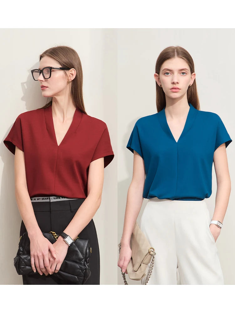 AMII Minimalism 2025 Summer Women's T-shirt Classic Style Casual V-neck Short Sleeve Solid Stretch Female Tops & Tees 12312013