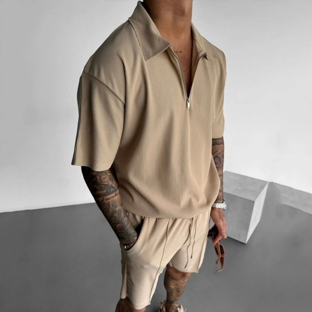 2025 summer men's new zipper polo casual short-sleeved drawstring shorts men's suit men's solid color casual sports fashion suit
