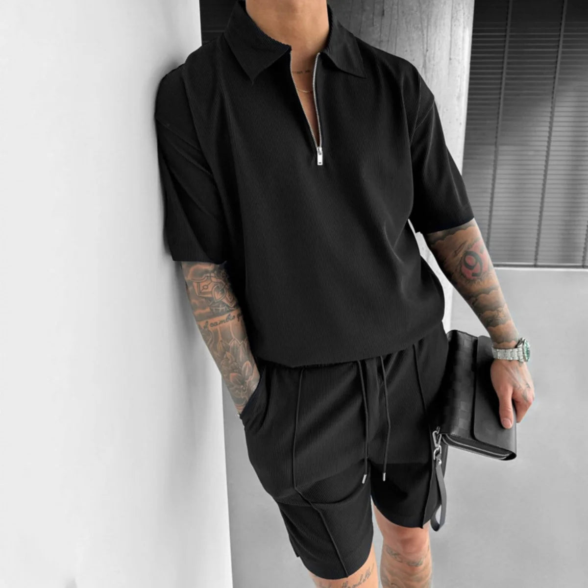 2025 summer men's new zipper polo casual short-sleeved drawstring shorts men's suit men's solid color casual sports fashion suit