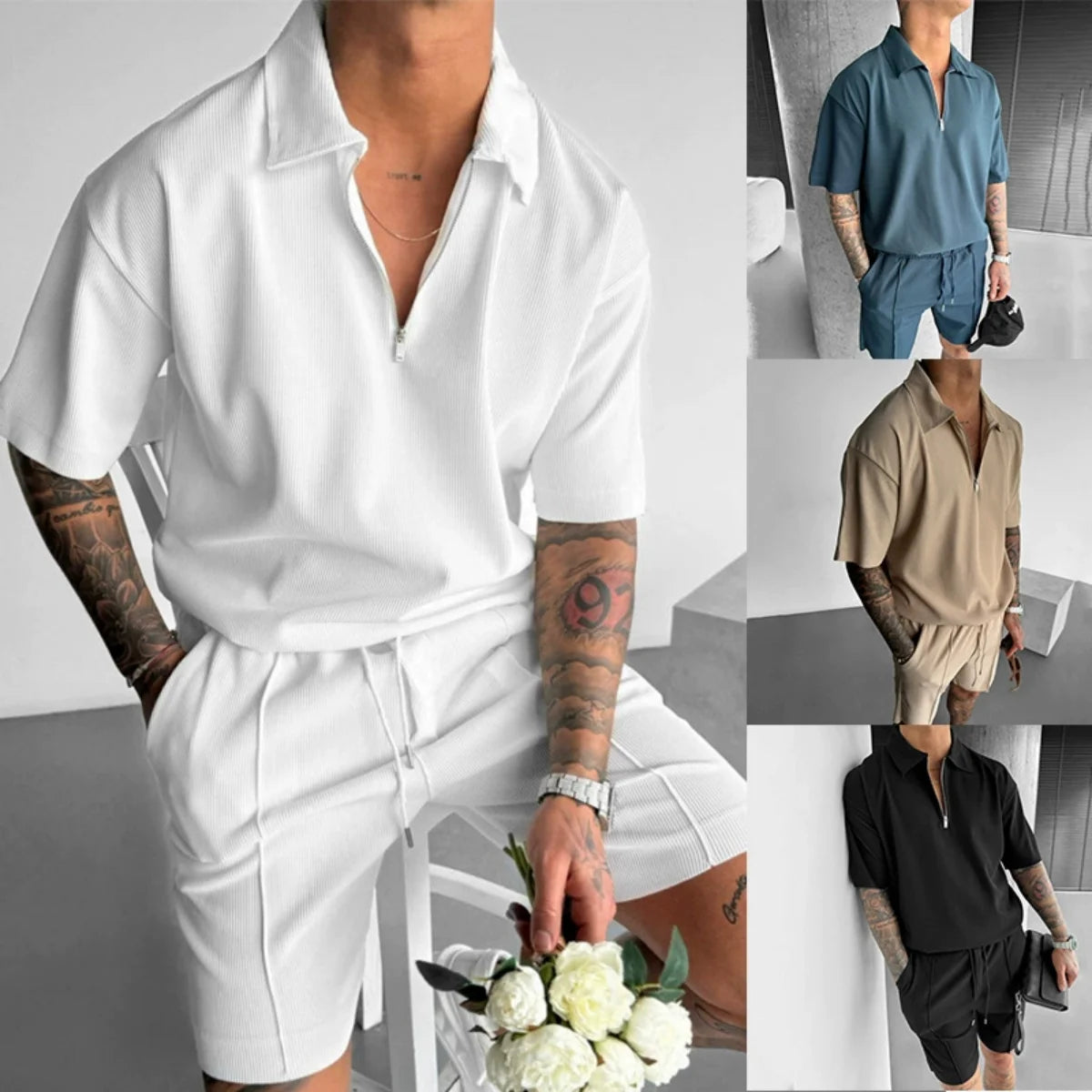 2025 summer men's new zipper polo casual short-sleeved drawstring shorts men's suit men's solid color casual sports fashion suit