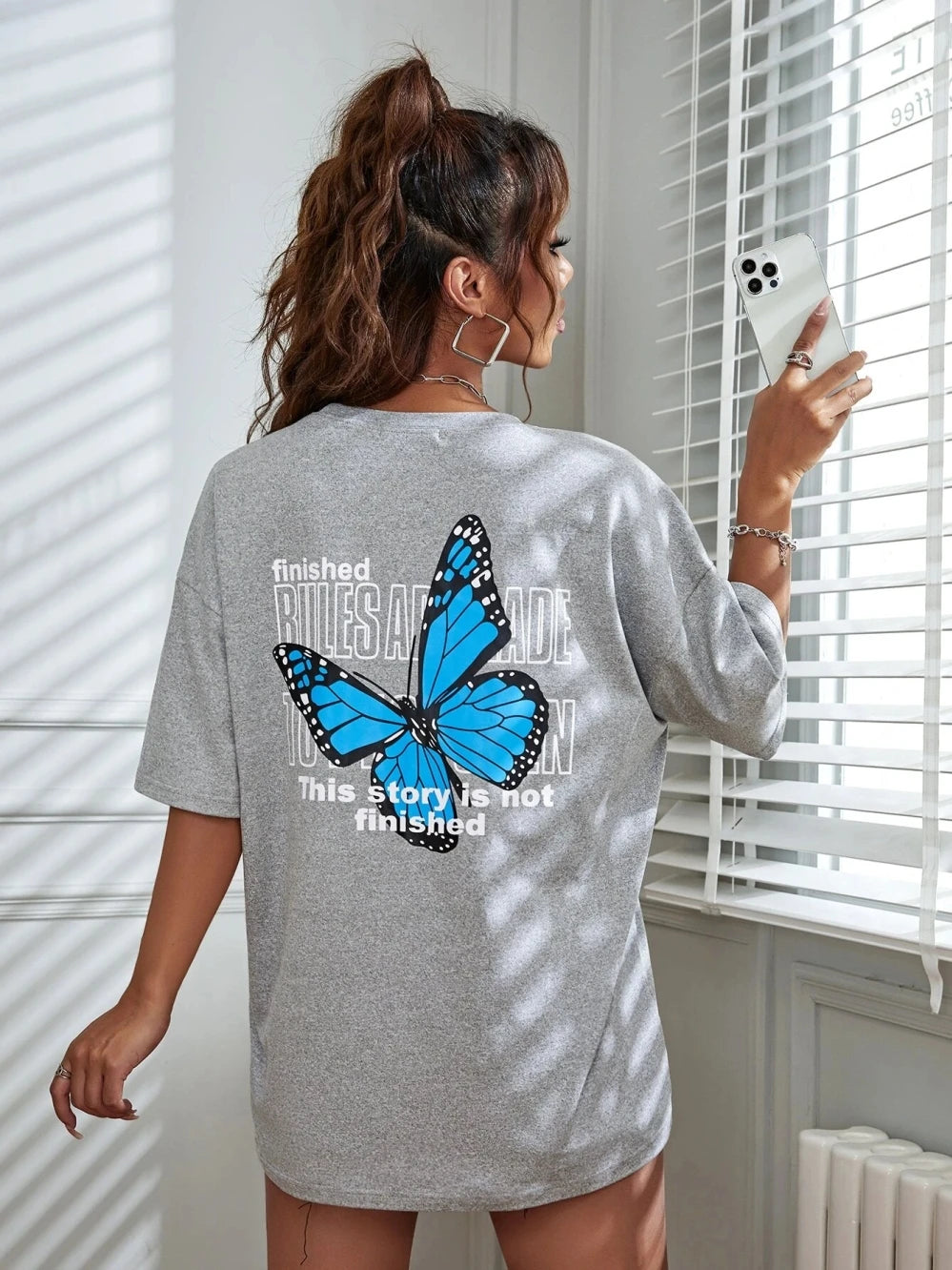 Art Word and Blue Butterfly Printed Women T-Shirt Casual Cotton Short Sleeve Breathable Summer T Shirt Street  Clothing