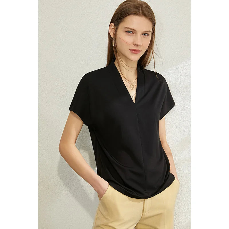AMII Minimalism 2025 Summer Women's T-shirt Classic Style Casual V-neck Short Sleeve Solid Stretch Female Tops & Tees 12312013