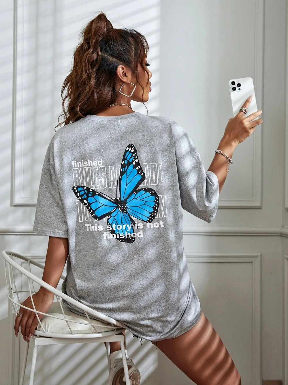 Art Word and Blue Butterfly Printed Women T-Shirt Casual Cotton Short Sleeve Breathable Summer T Shirt Street  Clothing