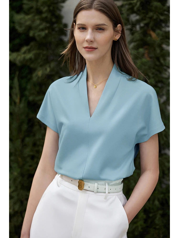 AMII Minimalism 2025 Summer Women's T-shirt Classic Style Casual V-neck Short Sleeve Solid Stretch Female Tops & Tees 12312013